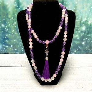 Amethyst and Rose Quartz Mala Prayer Beads | Tassel Necklace | Meditation Beads